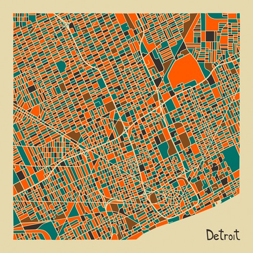 Jazzberry Blue, Detroit (Stadtplan, Stadt, Metropole, Großstadt, Michigan, USA, Straßen, geometrische Formen, Raster, Straßennetz, abstrahiert, Wohnzimmer, Büro, Wunschgröße, bunt)