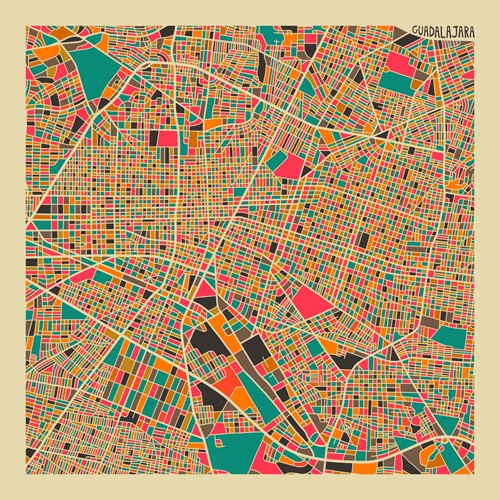 Jazzberry Blue, Guadalajara (Stadtplan, Stadt, Metropole, Hauptstadt, Mexiko, Jalisco, Straßen, geometrische Formen, Raster, Straßennetz, abstrahiert, Wohnzimmer, Büro, Wunschgröße, bunt)