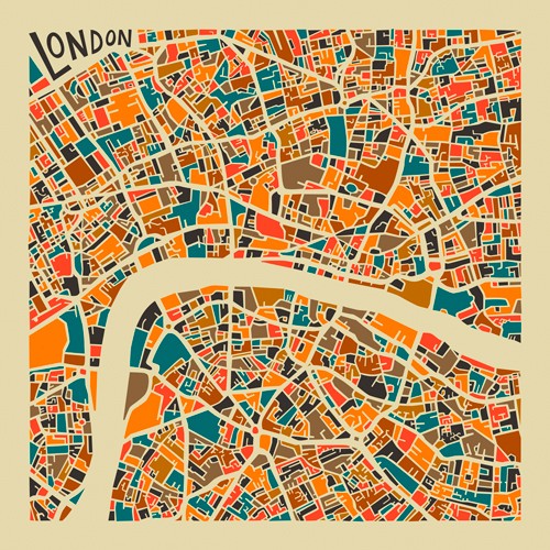 Jazzberry Blue, London (Stadtplan, Stadt, Metropole, Hauptstadt, Großbritannien, Themse, Fluss, Straßen, geometrische Formen, Raster, Straßennetz, abstrahiert, Wohnzimmer, Büro, Wunschgröße, bunt)