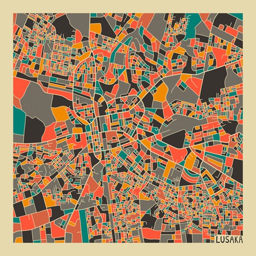 Jazzberry Blue, Lusaka (Stadtplan, Stadt, Metropole, Sambia, Afrika, Straßen, geometrische Formen, Raster, Straßennetz, abstrahiert, Wohnzimmer, Büro, Wunschgröße, bunt)