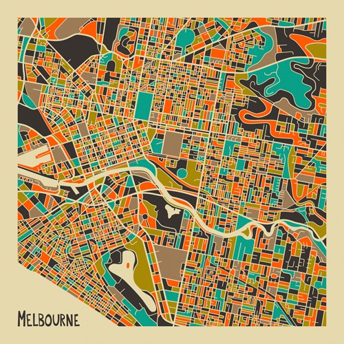 Jazzberry Blue, Melbourne (Stadtplan, Stadt, Metropole, Hauptstadt, Victoria, Australien, Fluss, Yarra, Straßen, geometrische Formen, Raster, Straßennetz, abstrahiert, Wohnzimmer, Büro, Wunschgröße, bunt)