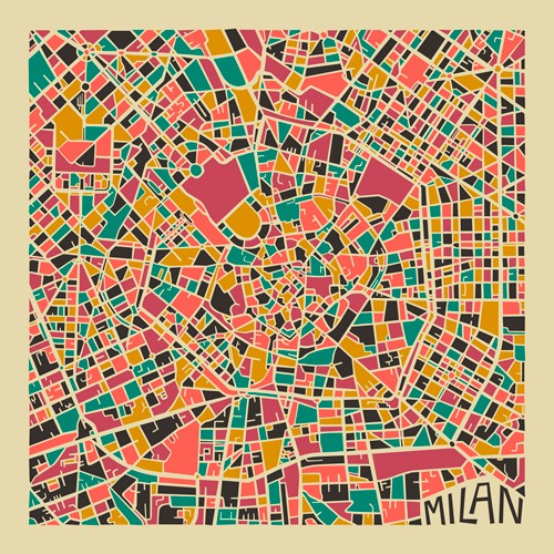 Jazzberry Blue, Milan (Stadtplan, Stadt, Metropole, Großstadt, Mailand, Italien, Straßen, geometrische Formen, Raster, Straßennetz, abstrahiert, Wohnzimmer, Büro, Wunschgröße, bunt)