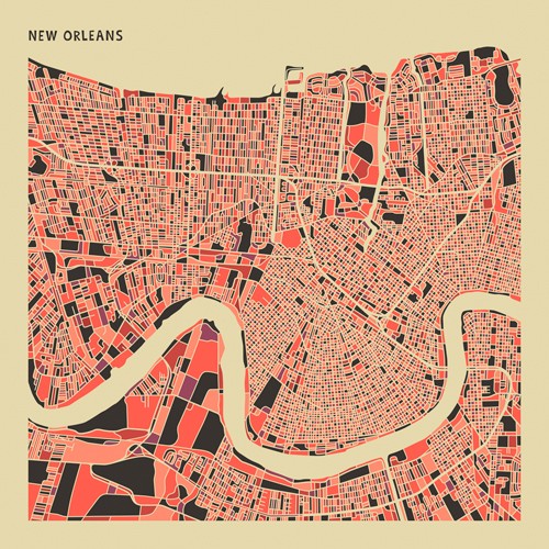 Jazzberry Blue, New Orleans (Stadtplan, Stadt, Metropole, Großstadt, Louisiana, Fluss, Mississippi, USA, Straßen, geometrische Formen, Raster, Straßennetz, abstrahiert, Wohnzimmer, Büro, Wunschgröße, bunt)