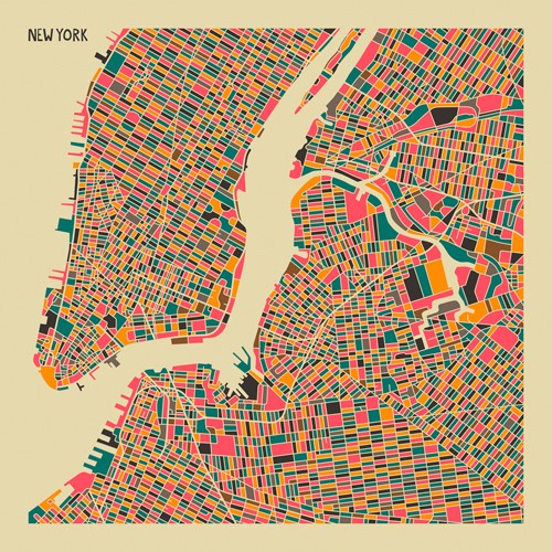 Jazzberry Blue, New York (Stadtplan, Stadt, Metropole, Hauptstadt, New York, USA, Straßen, geometrische Formen, Raster, Straßennetz, abstrahiert, Wohnzimmer, Büro, Wunschgröße, bunt)
