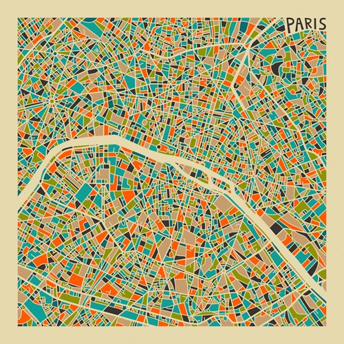 Jazzberry Blue, Paris (Stadtplan, Stadt, Metropole, Hauptstadt, Paris, Frankreich, Straßen, geometrische Formen, Raster, Straßennetz, abstrahiert, Wohnzimmer, Büro, Wunschgröße, bunt)