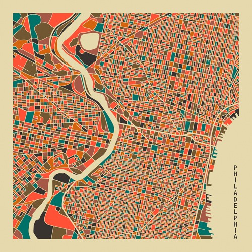 Jazzberry Blue, Philidelphia (Stadtplan, Stadt, Metropole, Großstadt,Pennsylvania, USA, Straßen, geometrische Formen, Raster, Straßennetz, abstrahiert, Wohnzimmer, Büro, Wunschgröße, bunt)
