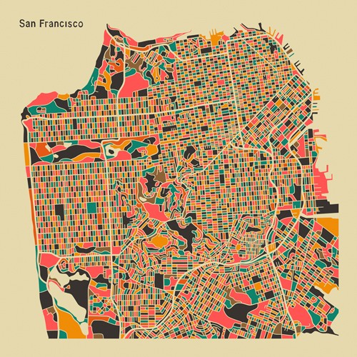 Jazzberry Blue, San Francisco (Stadtplan, Stadt, Metropole, Hauptstadt, Kalifornien, USA, Straßen, geometrische Formen, Raster, Straßennetz, abstrahiert, Wohnzimmer, Büro, Wunschgröße, bunt)