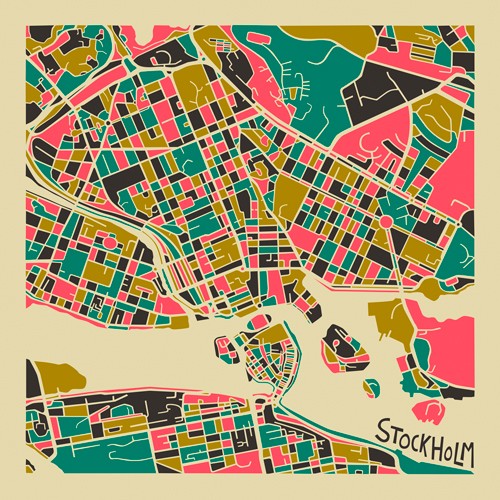 Jazzberry Blue, Stockholm (Stadtplan, Stadt, Metropole, Hauptstadt, Schweden, Straßen, geometrische Formen, Raster, Straßennetz, abstrahiert, Wohnzimmer, Büro, Wunschgröße, bunt)