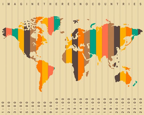 Jazzberry Blue, Time Zones Beige (Landkarte, Weltkarte, Zeitzonen, Steifen, Vertikalen, Grafik, Wohnzimmer, Büro, Wunschgröße, beige/bunt)
