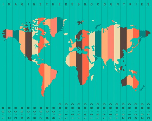 Jazzberry Blue, Time Zones Blue (Landkarte, Weltkarte, Zeitzonen, Steifen, Vertikalen, Grafik, Wohnzimmer, Büro, Wunschgröße, blau/bunt)