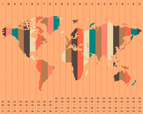 Jazzberry Blue, Time Zones Pink (Landkarte, Weltkarte, Zeitzonen, Steifen, Vertikalen, Grafik, Wohnzimmer, Büro, Wunschgröße, pink/bunt)