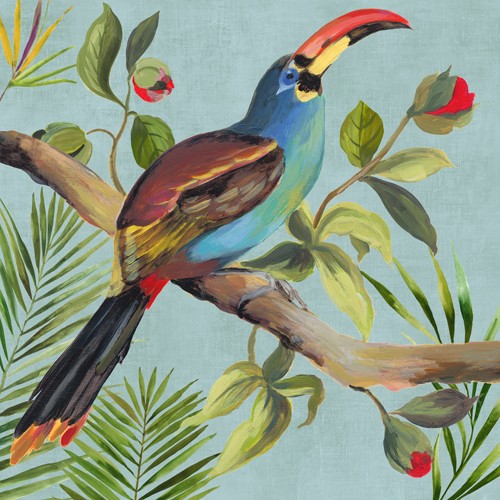 Aimee Wilson, Paradise Toucan I (Vogel, Tukan, Pfefferfresser, Pflanzen, exotisch, Vegetation, Tropisch, Wunschgröße, Malerei, Treppenhaus, Wohnzimmer, bunt)