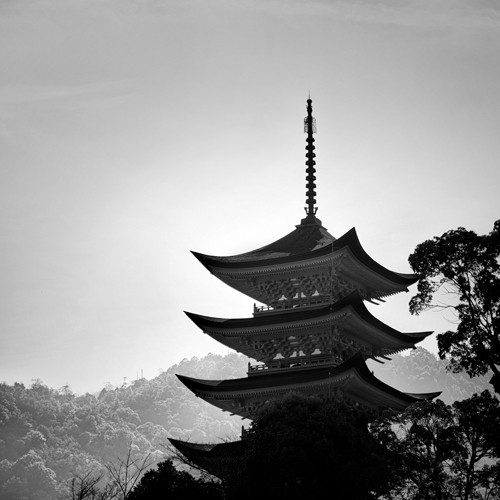 Praxis Studio, Japanese Temple (Asien, Architektur, Pagode, Dach, Berge, Japan, Fotokunst, Wunschgröße, Treppenhaus, Wohnzimmer, schwarz/weiß)