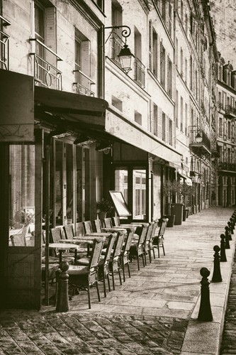 Jody Stewart, Paris Sidewalk Cafe (Paris, Straßencafé, Regenwetter, Nostalgie, Städte, Fotokunst, Esszimmer, Bistro, Gastronomie, Wunschgröße, schwarz/weiß)