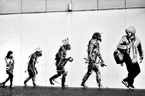 Tatsuo Suzuki, Evolution (Evolution, Entwicklung, Mensch, menschenaffe, Urmensch, Wandmalerei, Graffity, Fotokunst, Wunschgröße, Jugendzimmer, schwarz/weiß)