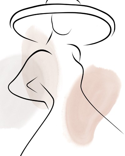Sarah Leonard, Lined Lady II (Dame, Frau, Hut, figurativ, abstrahiert, reduziert, Linien, Silhouette, zart, filigran, Treppenhaus, Schlafzimmer, pastell)