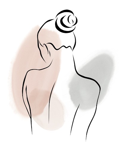 Sarah Leonard, Lined Lady IIII (Frau, Rückenakt, Haarknoten, abstrahiert, reduziert, Linien, Silhouette, zart, filigran, Treppenhaus, Schlafzimmer, pastell)