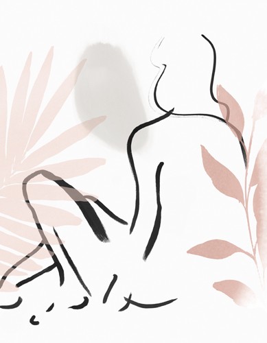 PI Studio, Summer Stance II (Frau, Rückenansicht, figurativ, reduziert, abstrahiert, Linien, Blätter, moderne Malerei, Treppenhaus, Wohnzimmer, Schlafzimmer, Wunschgröße, pastell)