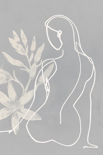 PI Studio, Silhouette of You II (Frau, Rückenansicht, figurativ, reduziert, abstrahiert, Linien, Blüten, moderne Malerei, Treppenhaus, Wohnzimmer, Schlafzimmer, Wunschgröße, grau)