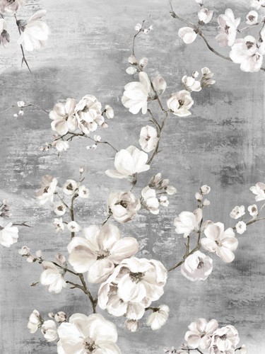 PI Studio, Blossoming Garden II (Blüten, Blütenzweige, Kirschblüte, zart, filigran, moderne Malerei, Treppenhaus, Wohnzimmer, Schlafzimmer, Wunschgröße, grau/weiß)
