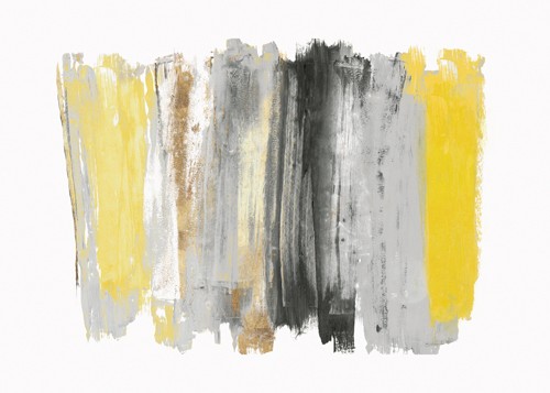Eva Watts, Blonde Brush (Abstrakt, abstrakte Malerei, Pinselspur, vertikale Streifen, modern, Wunschgröße, Büro, Wohnzimmer, grau/gelb)