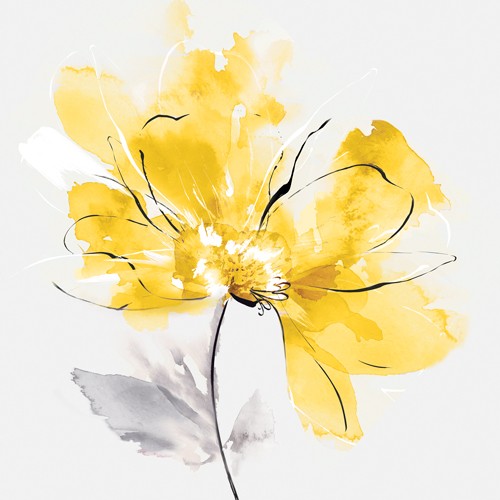 Eva Watts, Tender Love I Yellow Version (Blume, Blüte, filigran, zart, Aquarell, zeitgenössisch, Wunschgröße, Arztpraxis, Treppenhaus, Wohnzimmer, grau/gelb)