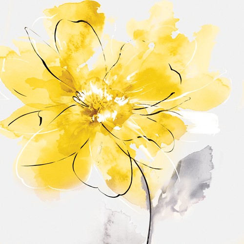 Eva Watts, Tender Love II Yellow Version (Blume, Blüte, filigran, zart, Aquarell, zeitgenössisch, Wunschgröße, Arztpraxis, Treppenhaus, Wohnzimmer, grau/gelb)