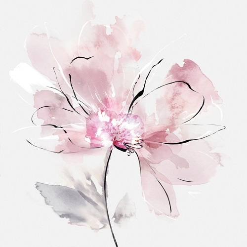 Eva Watts, Tender Love I (Blume, Blüte, filigran, zart, Aquarell, zeitgenössisch, Wunschgröße, Arztpraxis, Treppenhaus, Wohnzimmer, grau/rosa)