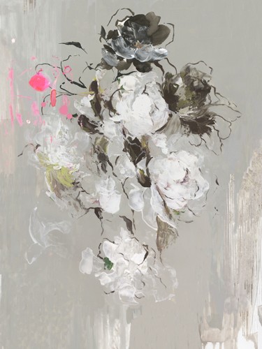 PI Studio, Cascading White (Blumen, Blüten, zart, filigran, moderne Malerei, Treppenhaus, Wohnzimmer, Schlafzimmer, Wunschgröße, pastell, weiß/grau)