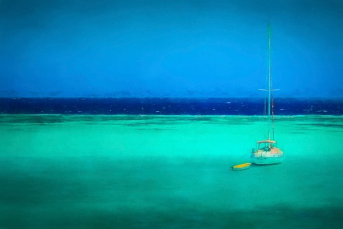Don Schwartz, Grenadines Sailboat (Meer, Horizont, Segelboot, Urlaub, Meer, Meeresbrise, Wunschgröße, Wohnzimmer, türkis/blau)