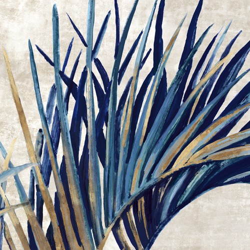 Eva Watts, Easing Palm I (Palmblatt, Blätter, Pflanze, modern, zeitgenössisch, Wunschgröße, Treppenhaus, Wohnzimmer, Blau/beige)