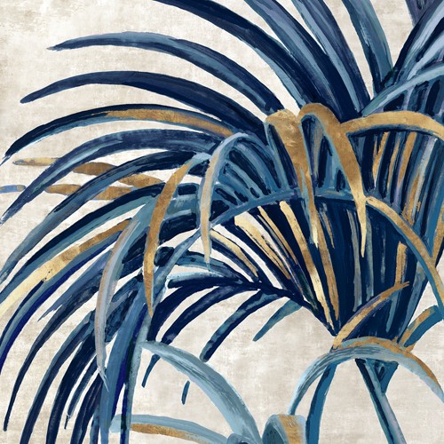 Eva Watts, Easing Palm II (Palmblatt, Blätter, Pflanze, modern, zeitgenössisch, Wunschgröße, Treppenhaus, Wohnzimmer, Blau/beige)