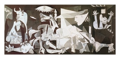 Pablo Picasso, Guernica (Klassische Moderne, Malerei, Kubismus, Krieg, Kampf, Luftangriff, 1937, Spanien, Guernica, Baskenland, Tragödie, Tote, Zerstörung, geometrische Formen, Büro, Wohnzimmer, Arztpraxis, schwarz / weiß)
