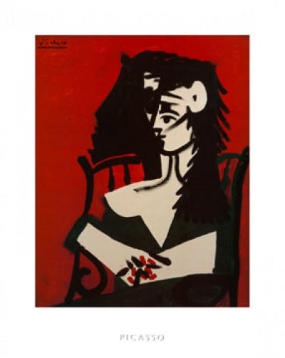 Pablo Picasso, Jacqueline a Mantille Sur Fond (Klassische Moderne, Malerei, Kubismus, Frau, Portrait, Sitzende, Stuhl, Schlafzimmer, Wohnzimmer, schwarz / rot)