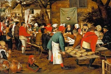 Pieter Brueghel der Ältere, Bauernmahlzeit vor einer Schnke (Bauern, rustikal, ländlich, Genremalerei, Feier, Fest,  Renaissance, Klassiker, Malerei, Wunschgröße, Wohnzimmer, Esszimmer, bunt)