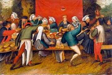 Pieter Brueghel der Jüngere, Hochzeitsmahl (Bauernhochzeit, Hochzeitsmahl, Trunkenbolde, Gelage, deftig, rustikal, derb, Klassiker, Genremalerei, Wohnzimmer, Esszimmer, bunt, Wunschgröße,)