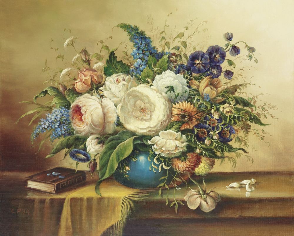 Pila, ANNIVERSARY BOUQUET (Stillleben, traditionell, Blumen, Bouquet, Adaption, alte Meister, üppig, Vanitad, Vergänglichkeit, Malerei, zeitgenössisch, Nostalgie, Esszimmer, Wohnzimmer,)