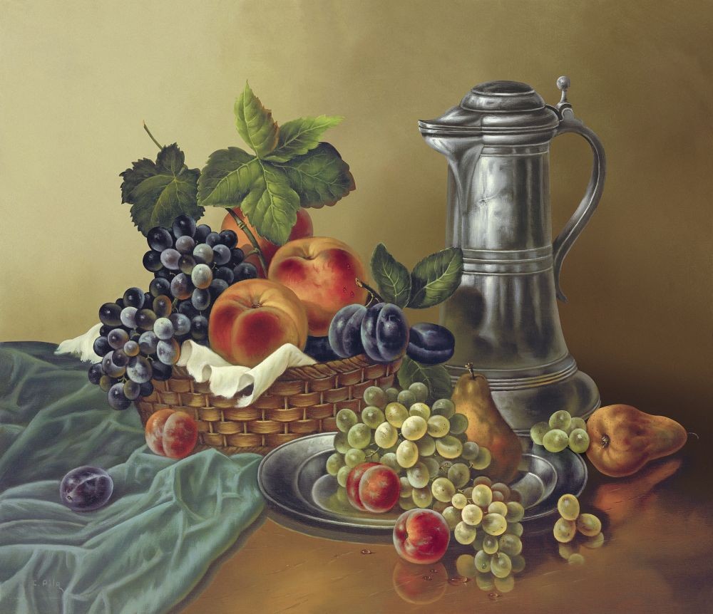 Pila, DELICIOUS GRAPES (Stillleben, traditionell, Zinnkrug, Trauben, Wein, Herbst, üppig, Früchte, Obst, Malerei, zeitgenössisch, Nostalgie, Esszimmer, Küche,)