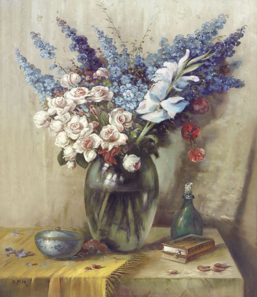 Pila, JULY BOUQUET (Stillleben, traditionell, Blumen, Bouquet, Adaption, alte Meister, üppig, Vanitad, Vergänglichkeit, Malerei, zeitgenössisch, Nostalgie, Esszimmer, Wohnzimmer,)