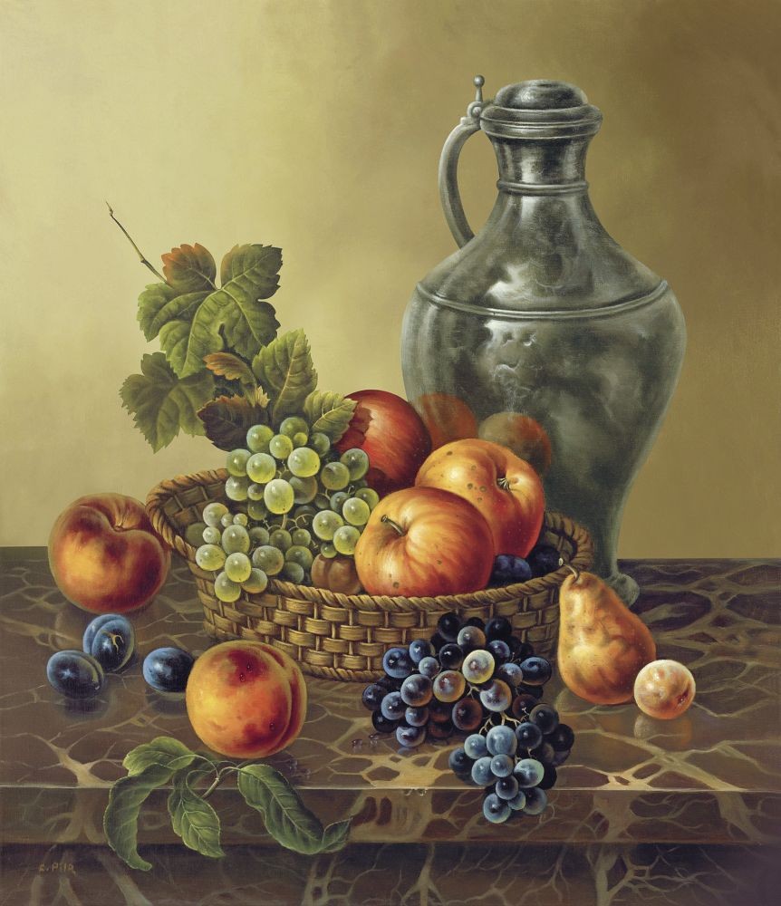 Pila, LATE AUTUMN FRUIT BASKET (Stillleben, traditionell, Zinnkrug, Trauben, Wein, Korb, Herbst, üppig, Früchte, Obst, Malerei, zeitgenössisch, Nostalgie, Esszimmer, Küche,)