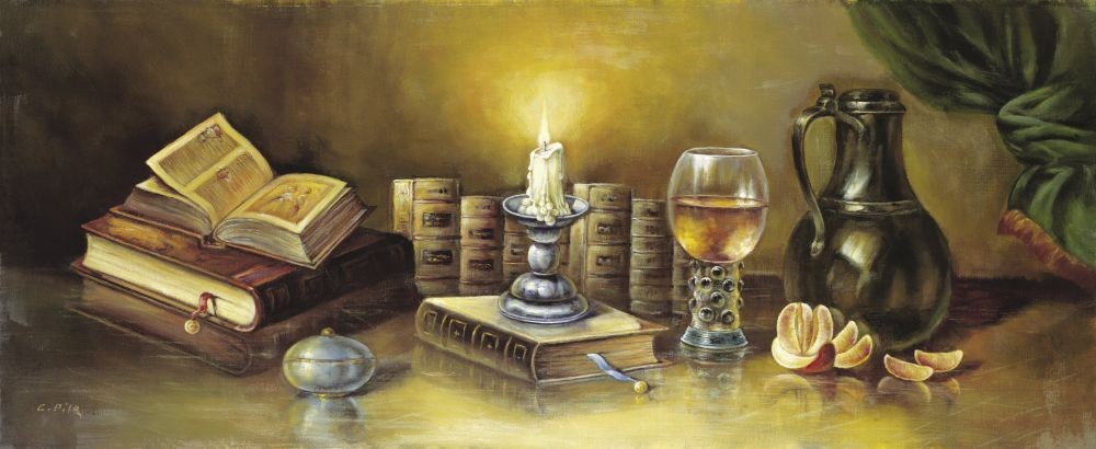 Pila, Silent Hours Ii (Stillleben,traditionell, Bücher, Kerze, Wein, Malerei, zeitgenössisch, Nostalgie, Esszimmer, Küche,)