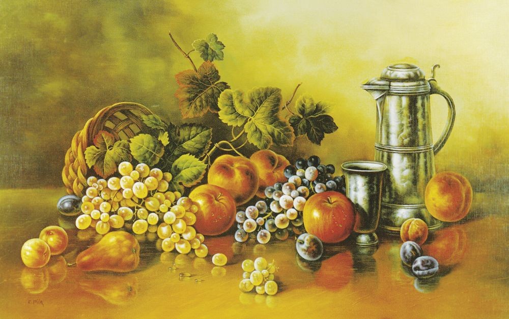 Pila, STILL LIFE WITH PEWTER MUG (Stillleben, traditionell, Zinnkrug, Trauben, Wein, Herbst, üppig, Früchte, Obst, Malerei, zeitgenössisch, Nostalgie, Esszimmer, Küche,)