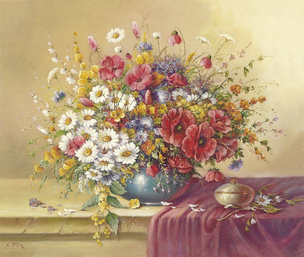 Pila, SUMMER GREETING I (Stillleben, traditionell, Blumen, Bouquet, Adaption, alte Meister, üppig, Vanitad, Vergänglichkeit, Malerei, zeitgenössisch, Nostalgie, Esszimmer, Wohnzimmer,)