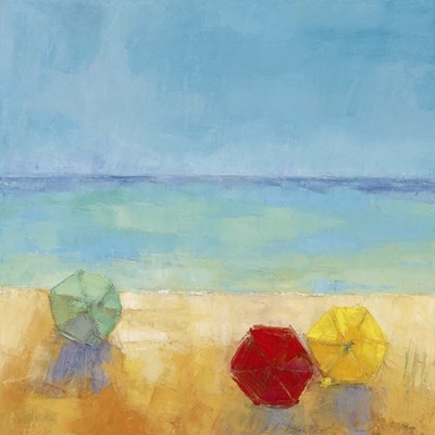 Régine Pivier-Attolini, Parasols II (Malerei, Strand, Meer, Sonnenschirme, Horizont, Meeresbrise, zeitgenössisch, Treppenhaus, Wohnzimmer, Badezimmer, bunt)