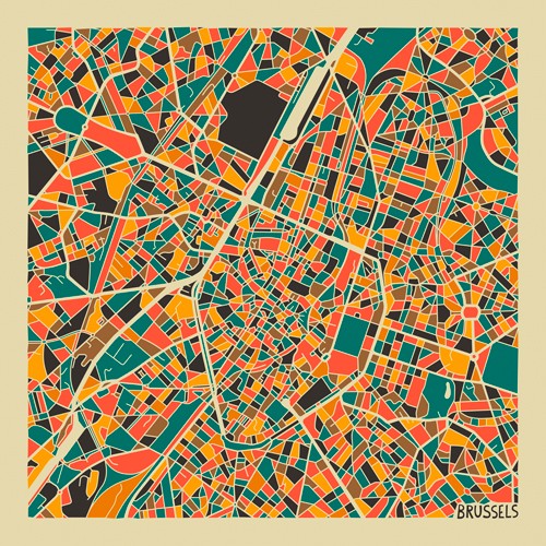 Jazzberry Blue, Brussels (Stadtplan, Stadt, Metropole, Hauptstadt, Brüssel, Belgien, Straßen, geometrische Formen, Raster, Straßennetz, abstrahiert, Wohnzimmer, Büro, Wunschgröße, bunt)
