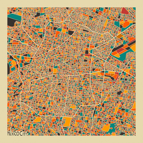 Jazzberry Blue, Mexico City (Stadtplan, Stadt, Metropole, Hauptstadt, Mexiko, Straßen, geometrische Formen, Raster, Straßennetz, abstrahiert, Wohnzimmer, Büro, Wunschgröße, bunt)
