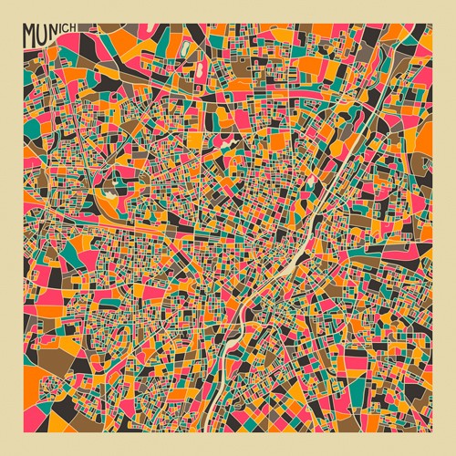 Jazzberry Blue, Munich (Stadtplan, Stadt, Metropole, Großstadt, München, Hauptstadt, Bayern, Straßen, geometrische Formen, Raster, Straßennetz, abstrahiert, Wohnzimmer, Büro, Wunschgröße, bunt)