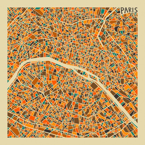 Jazzberry Blue, Paris (Stadtplan, Stadt, Metropole, Hauptstadt, Massachusetts, USA, Straßen, geometrische Formen, Raster, Straßennetz, abstrahiert, Wohnzimmer, Büro, Wunschgröße, bunt)