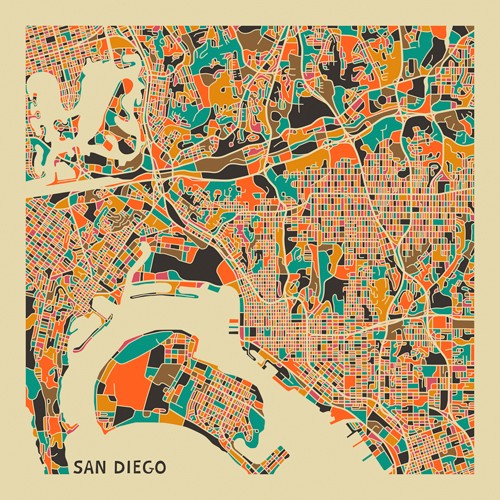 Jazzberry Blue, San Diego (Stadtplan, Stadt, Metropole, Großstadt, Kaliforniern, USA, Straßen, geometrische Formen, Raster, Straßennetz, abstrahiert, Wohnzimmer, Büro, Wunschgröße, bunt)