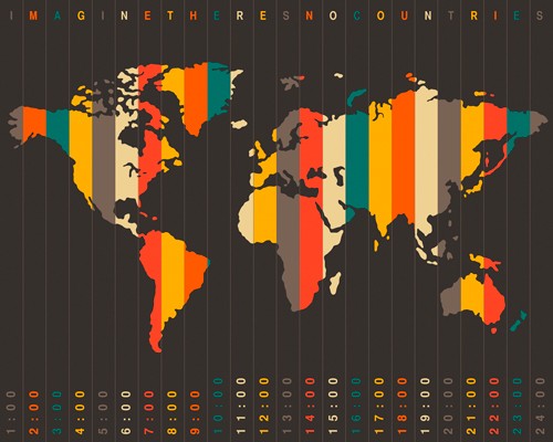 Jazzberry Blue, Time Zones Black (Landkarte, Weltkarte, Zeitzonen, Steifen, Vertikalen, Grafik, Wohnzimmer, Büro, Wunschgröße, schwarz/bunt)